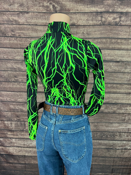 Mock Turtleneck Long Sleeve Western Show Shirt in Neon Green Lightning