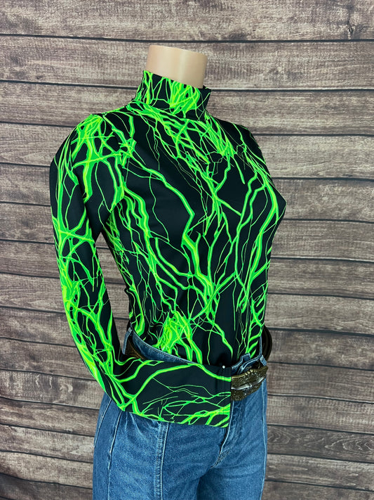 Mock Turtleneck Long Sleeve Western Show Shirt in Neon Green Lightning