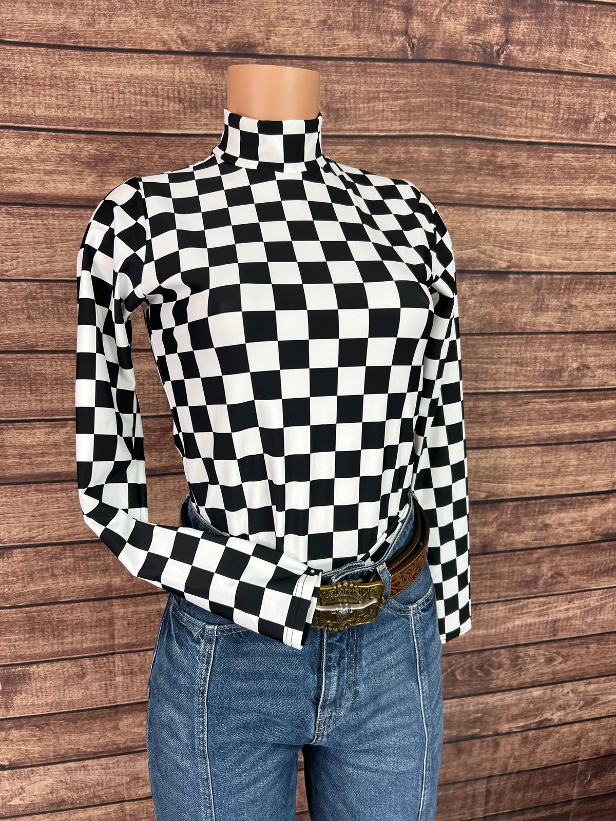 Mock Turtleneck Long Sleeve Western Show Shirt in Black and White Checkered