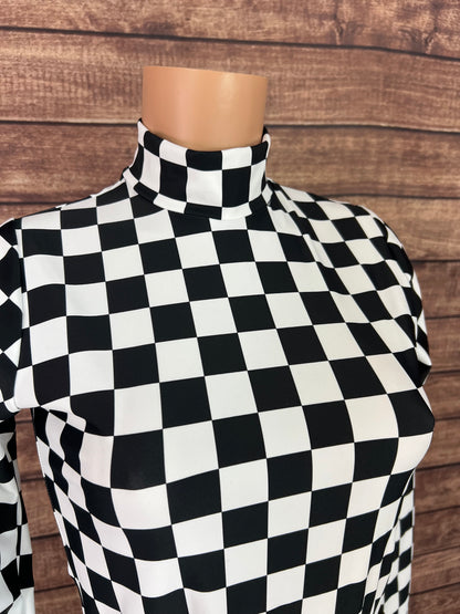 Mock Turtleneck Long Sleeve Western Show Shirt in Black and White Checkered