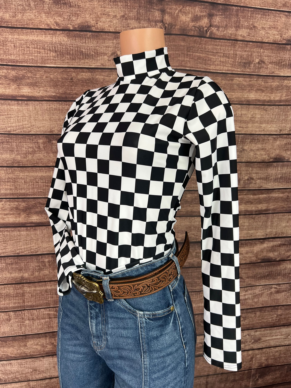 Mock Turtleneck Long Sleeve Western Show Shirt in Black and White Checkered