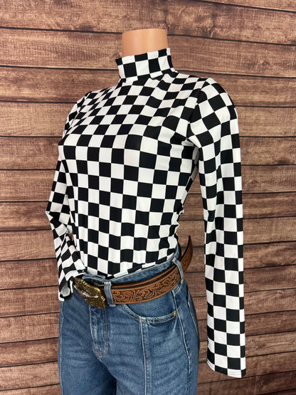 Mock Turtleneck Long Sleeve Western Show Shirt in Black and White Checkered