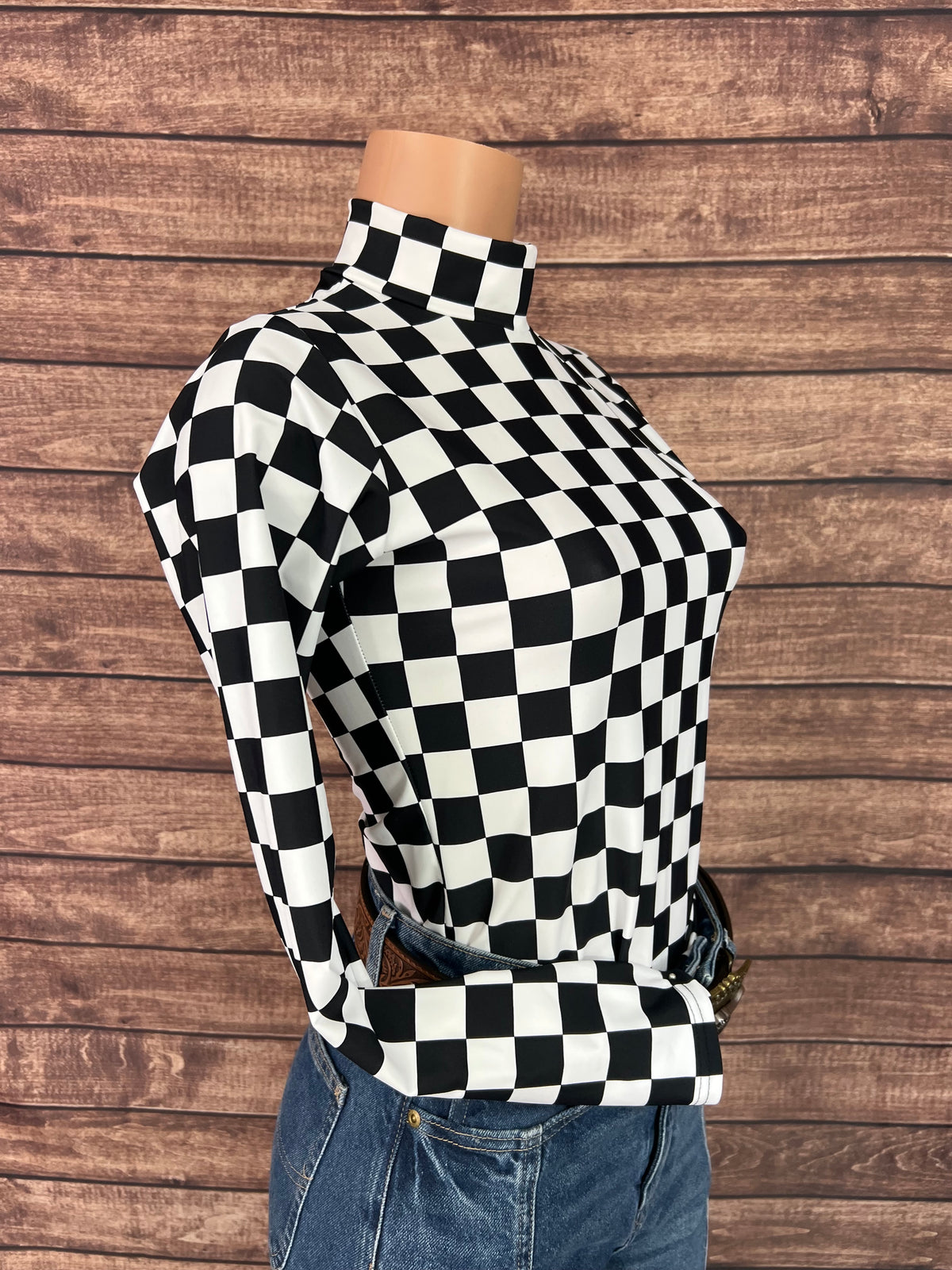 Mock Turtleneck Long Sleeve Western Show Shirt in Black and White Checkered