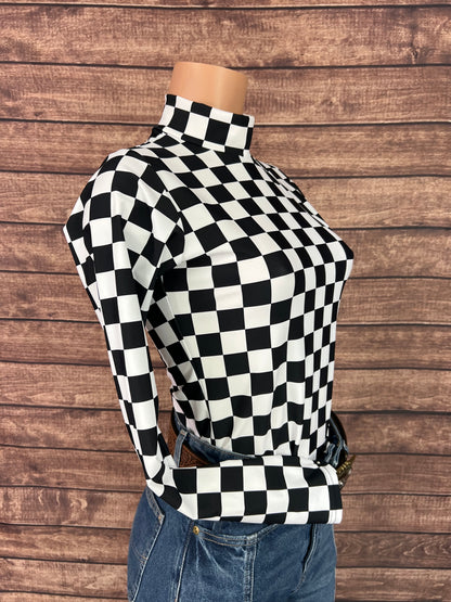 Mock Turtleneck Long Sleeve Western Show Shirt in Black and White Checkered