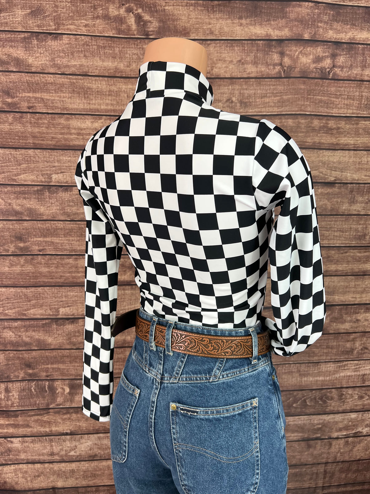 Mock Turtleneck Long Sleeve Western Show Shirt in Black and White Checkered