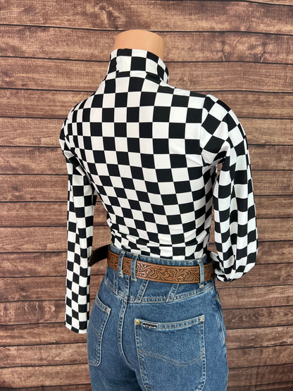 Mock Turtleneck Long Sleeve Western Show Shirt in Black and White Checkered