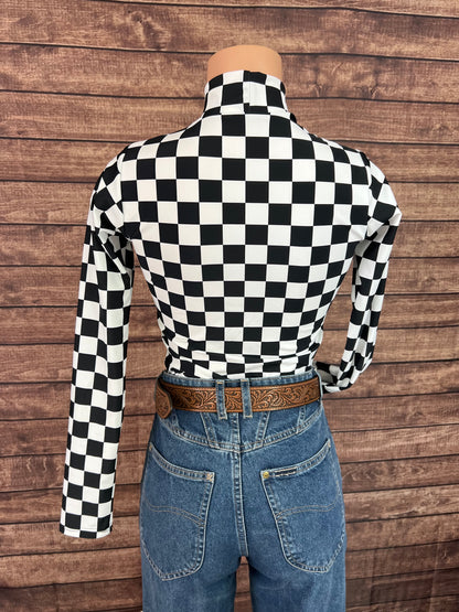 Mock Turtleneck Long Sleeve Western Show Shirt in Black and White Checkered