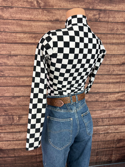 Mock Turtleneck Long Sleeve Western Show Shirt in Black and White Checkered