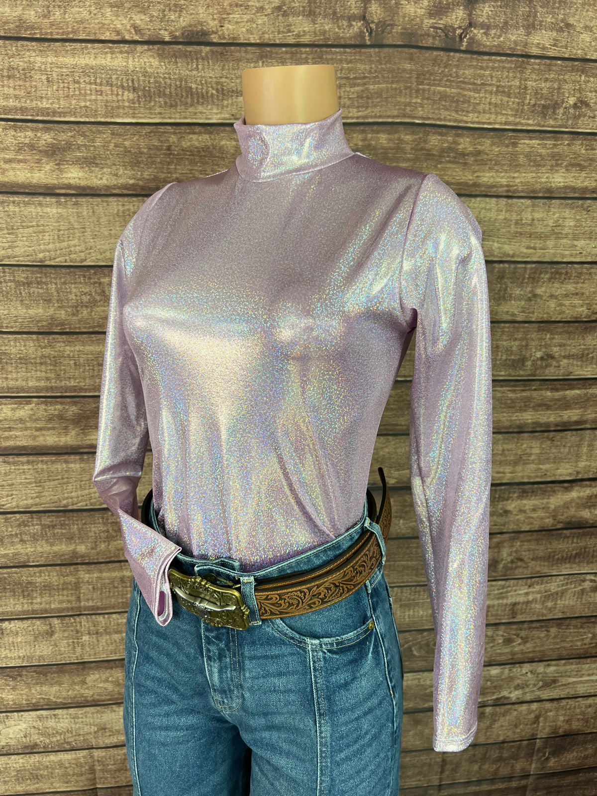 Mock Turtleneck Long Sleeve Western Show Shirt in Lilac Holographic