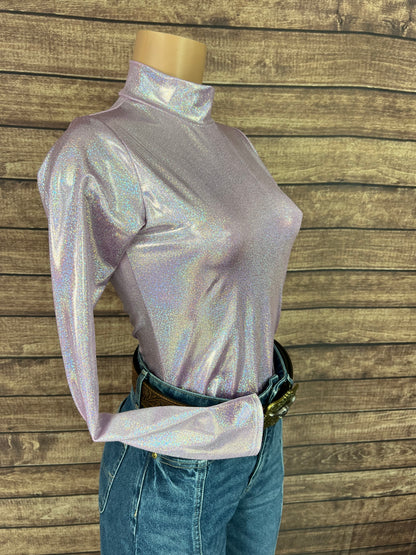 Mock Turtleneck Long Sleeve Western Show Shirt in Lilac Holographic
