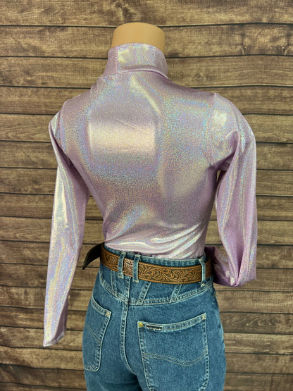 Mock Turtleneck Long Sleeve Western Show Shirt in Lilac Holographic