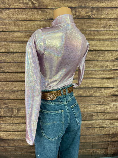 Mock Turtleneck Long Sleeve Western Show Shirt in Lilac Holographic