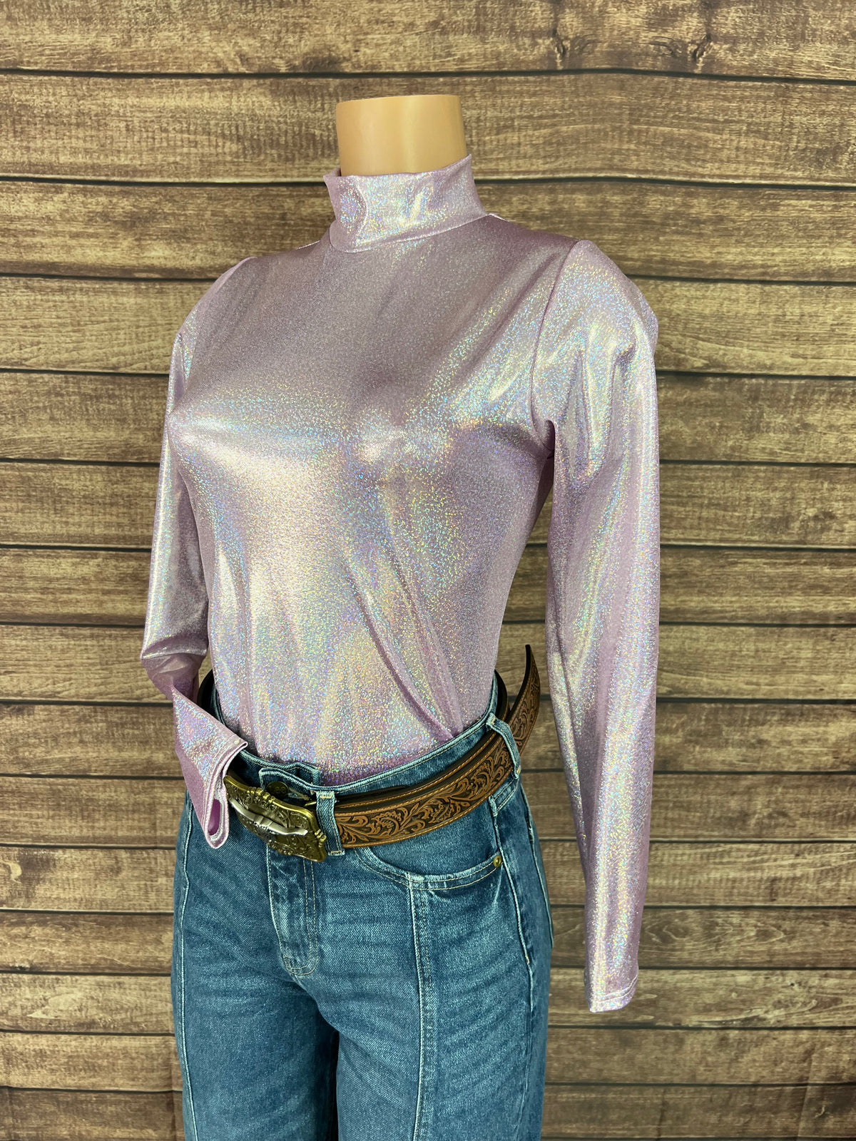 Mock Turtleneck Long Sleeve Western Show Shirt in Lilac Holographic