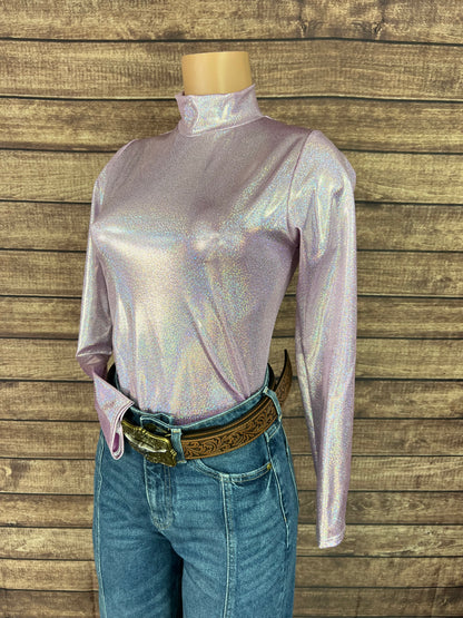 Mock Turtleneck Long Sleeve Western Show Shirt in Lilac Holographic