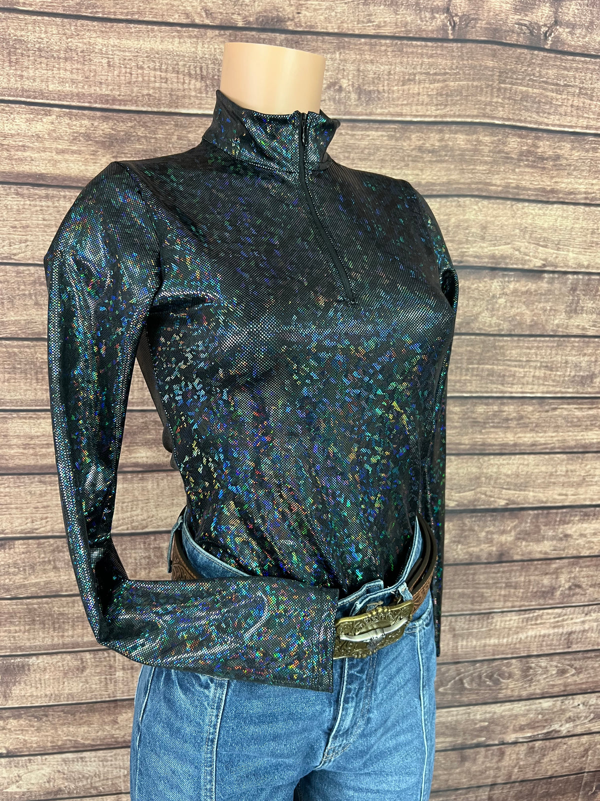 Mock Turtleneck 1/4 Zip Long Sleeve Western Show Shirt in Black Kaleidoscope