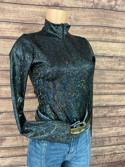 Mock Turtleneck 1/4 Zip Long Sleeve Western Show Shirt in Black Kaleidoscope