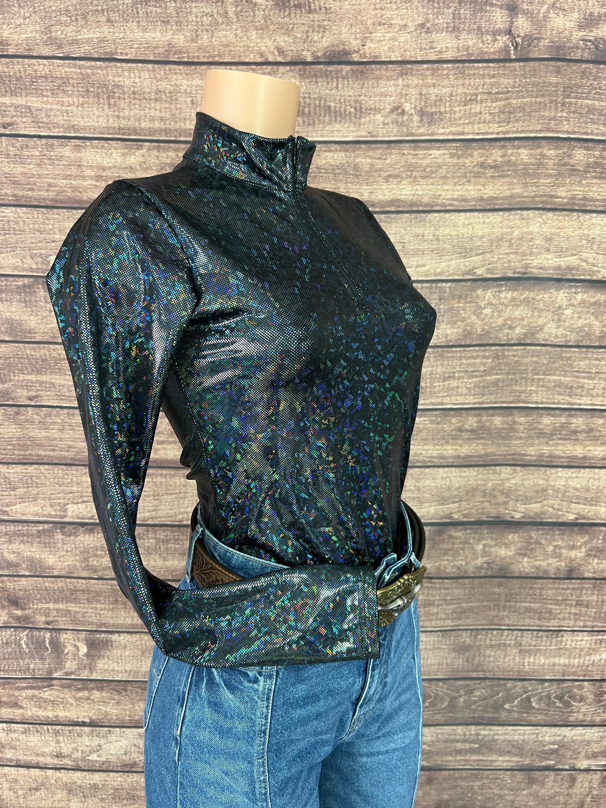 Mock Turtleneck 1/4 Zip Long Sleeve Western Show Shirt in Black Kaleidoscope