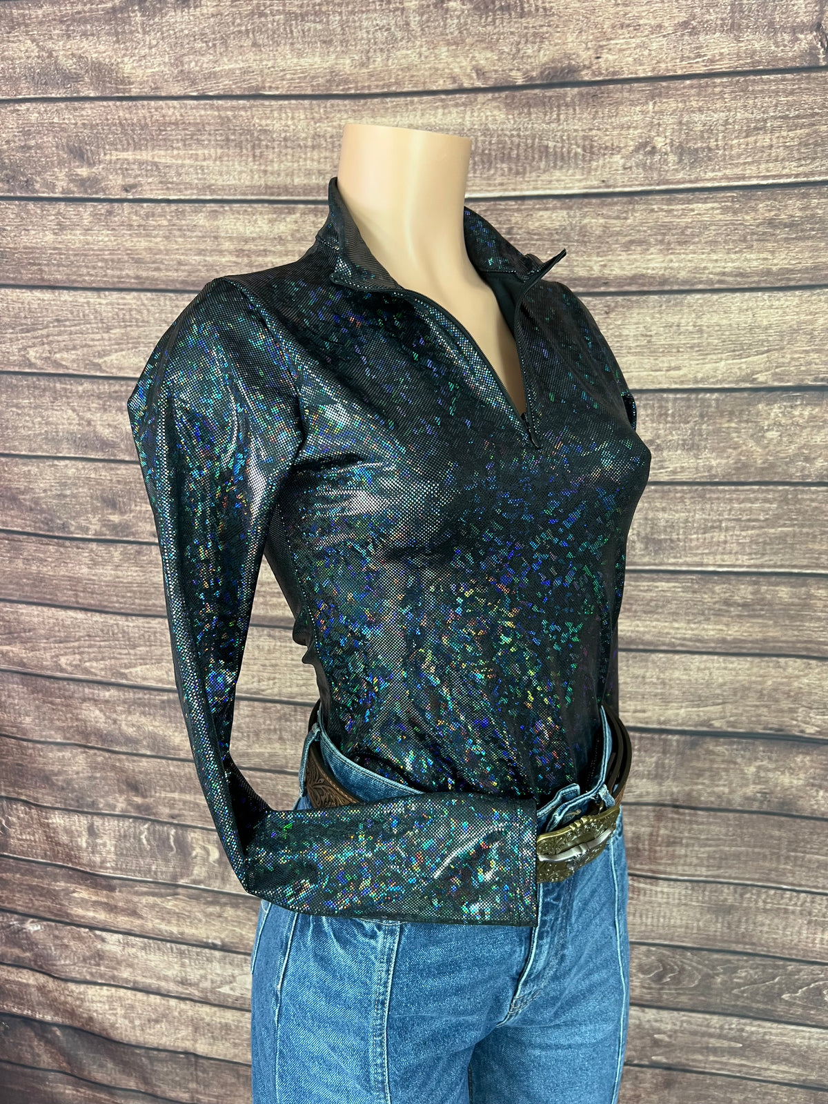 Mock Turtleneck 1/4 Zip Long Sleeve Western Show Shirt in Black Kaleidoscope