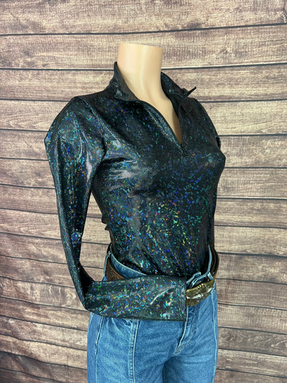 Mock Turtleneck 1/4 Zip Long Sleeve Western Show Shirt in Black Kaleidoscope
