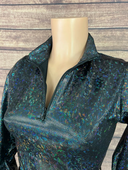 Mock Turtleneck 1/4 Zip Long Sleeve Western Show Shirt in Black Kaleidoscope