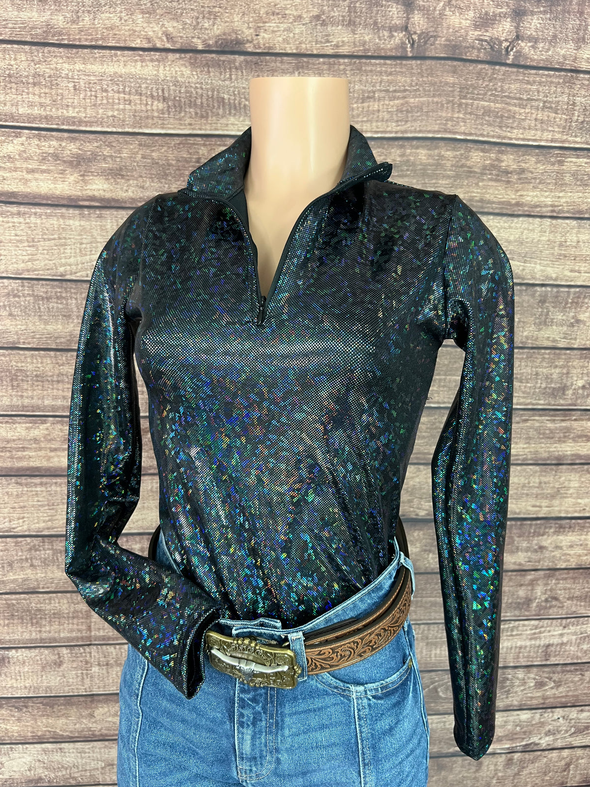 Mock Turtleneck 1/4 Zip Long Sleeve Western Show Shirt in Black Kaleidoscope