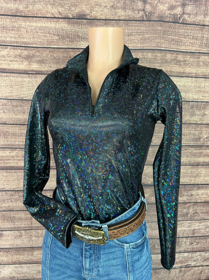 Mock Turtleneck 1/4 Zip Long Sleeve Western Show Shirt in Black Kaleidoscope