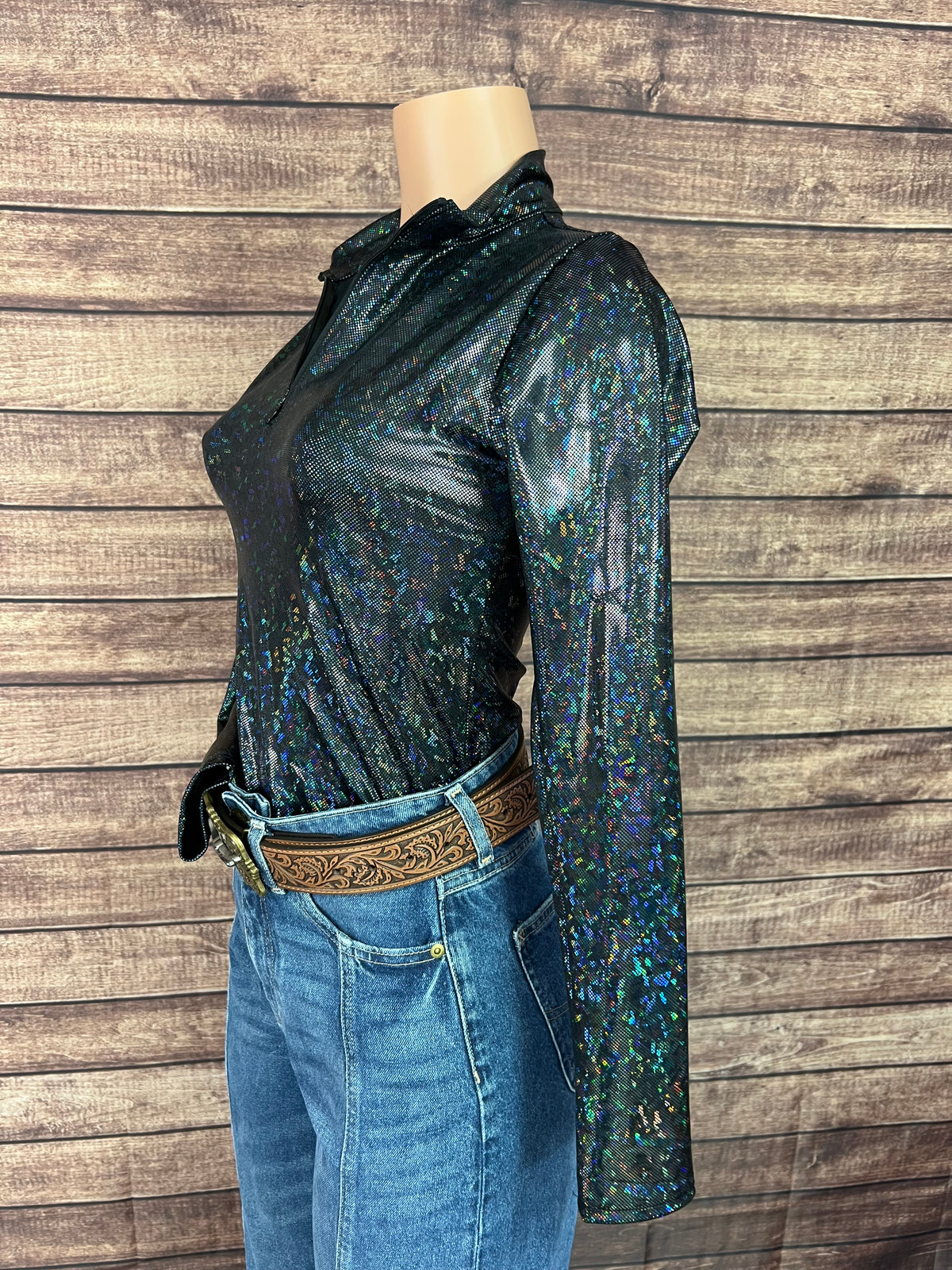 Mock Turtleneck 1/4 Zip Long Sleeve Western Show Shirt in Black Kaleidoscope