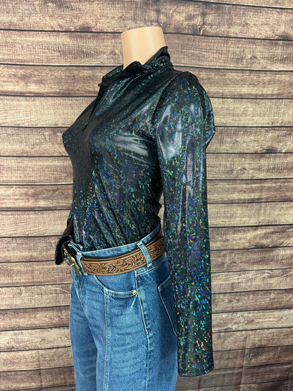 Mock Turtleneck 1/4 Zip Long Sleeve Western Show Shirt in Black Kaleidoscope