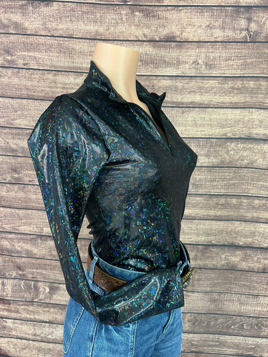 Mock Turtleneck 1/4 Zip Long Sleeve Western Show Shirt in Black Kaleidoscope