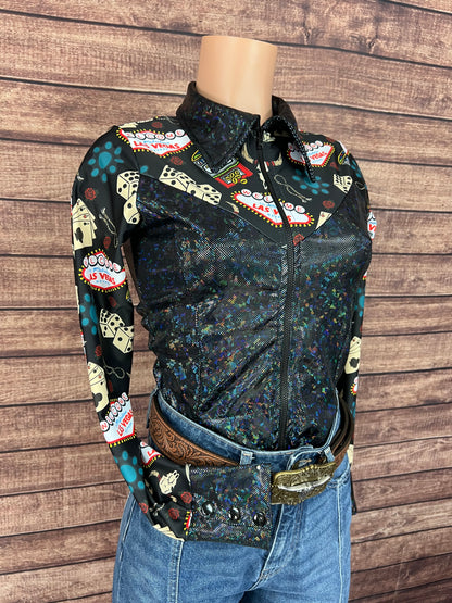 Black Kaleidoscope & Vegas Print Zipper Front Rodeo Shirt with Snap Cuffs