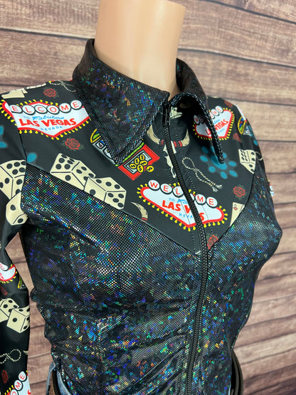 Black Kaleidoscope & Vegas Print Zipper Front Rodeo Shirt with Snap Cuffs