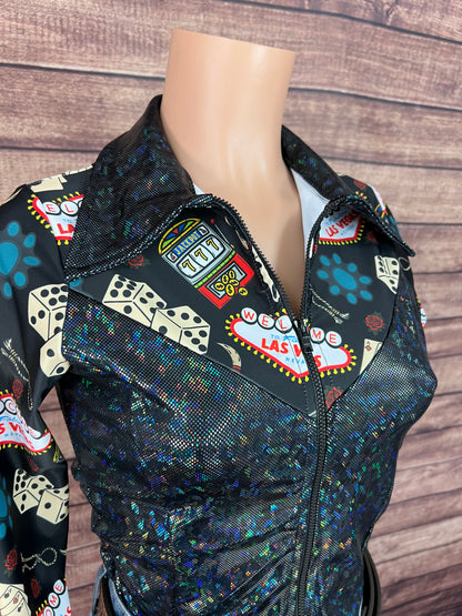 Black Kaleidoscope & Vegas Print Zipper Front Rodeo Shirt with Snap Cuffs