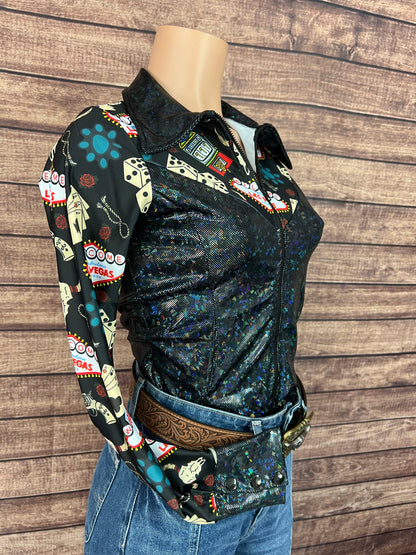 Black Kaleidoscope & Vegas Print Zipper Front Rodeo Shirt with Snap Cuffs