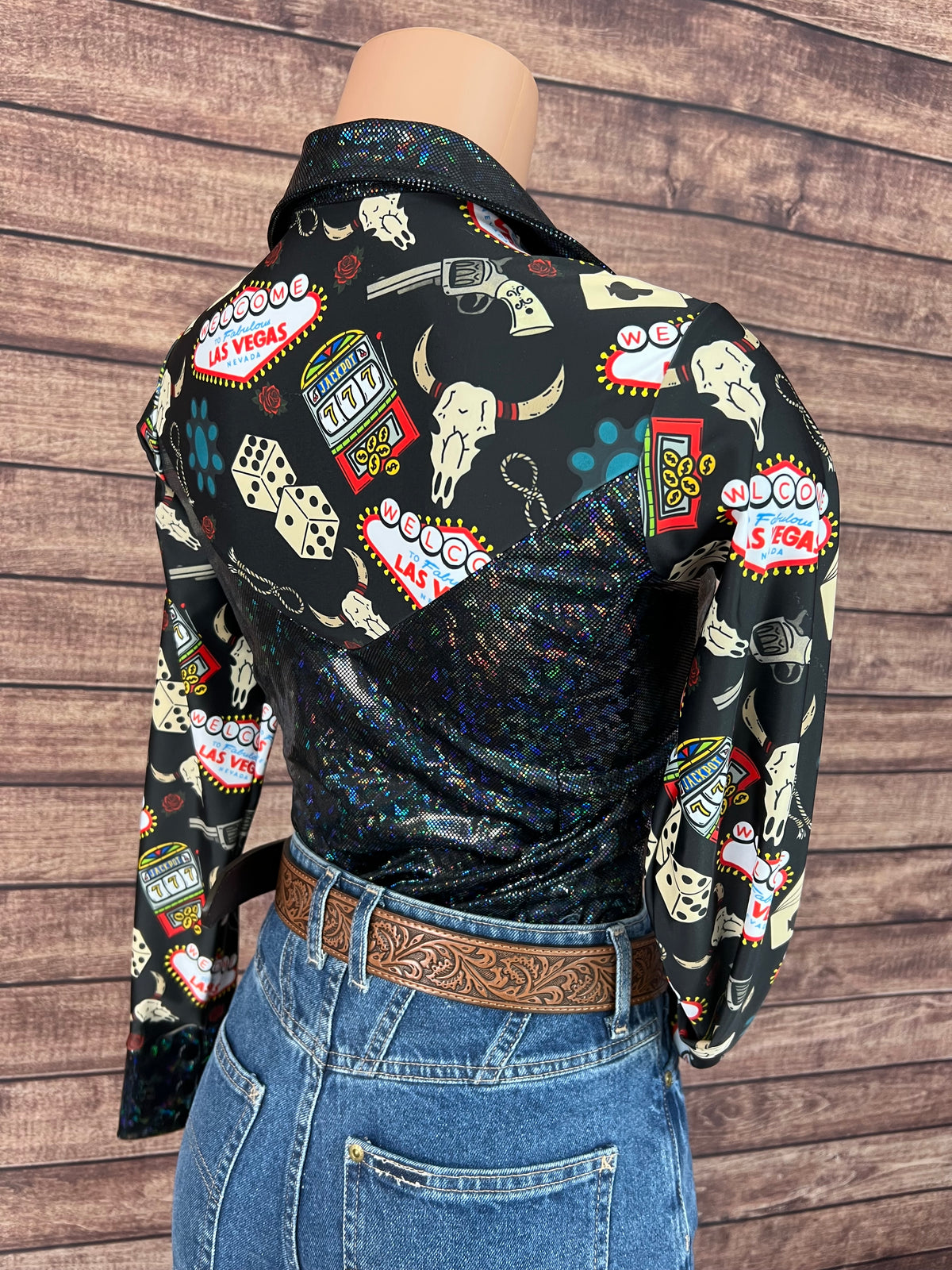 Black Kaleidoscope & Vegas Print Zipper Front Rodeo Shirt with Snap Cuffs