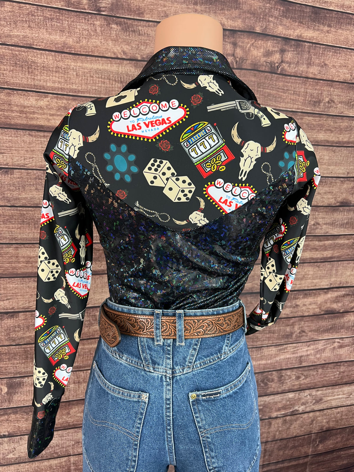 Black Kaleidoscope & Vegas Print Zipper Front Rodeo Shirt with Snap Cuffs