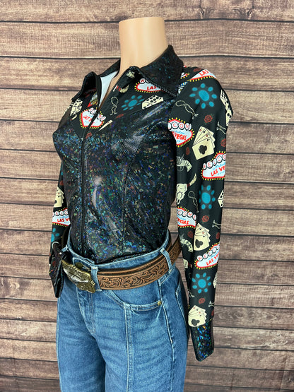 Black Kaleidoscope & Vegas Print Zipper Front Rodeo Shirt with Snap Cuffs