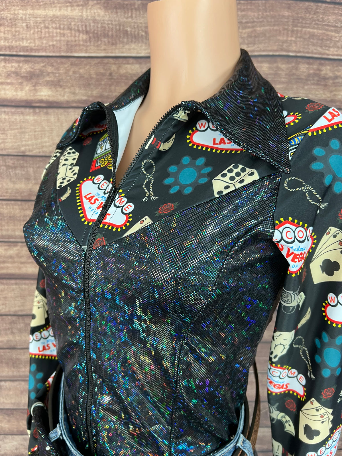 Black Kaleidoscope & Vegas Print Zipper Front Rodeo Shirt with Snap Cuffs