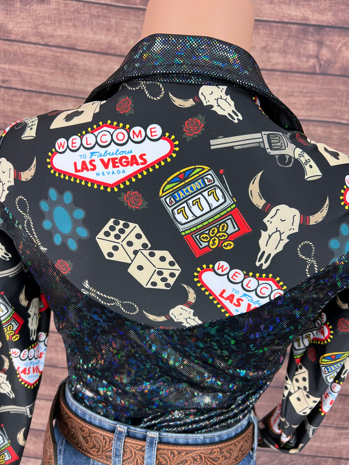 Black Kaleidoscope & Vegas Print Zipper Front Rodeo Shirt with Snap Cuffs