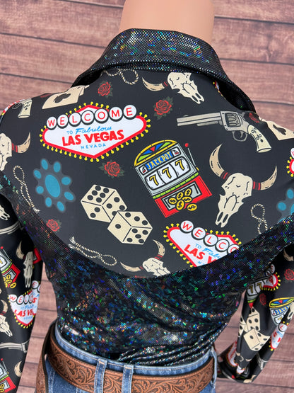 Black Kaleidoscope & Vegas Print Zipper Front Rodeo Shirt with Snap Cuffs