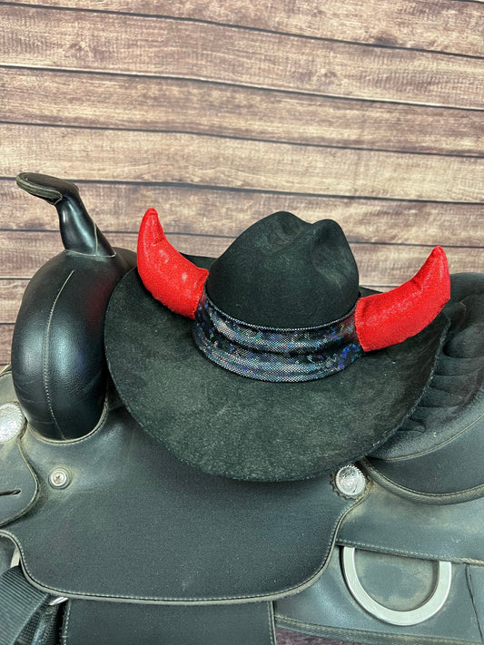 Black Kaleidoscope Hat Band with Red Sparkly Devil Horns - Riverside Rodeo Shirts