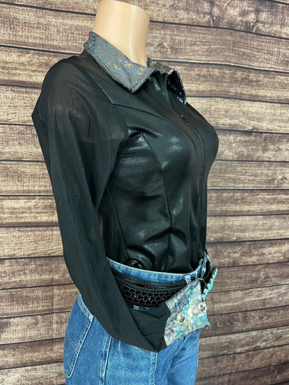Black Mystique Mesh Sleeve Zipper Front Rodeo Shirt - Riverside Rodeo Shirts