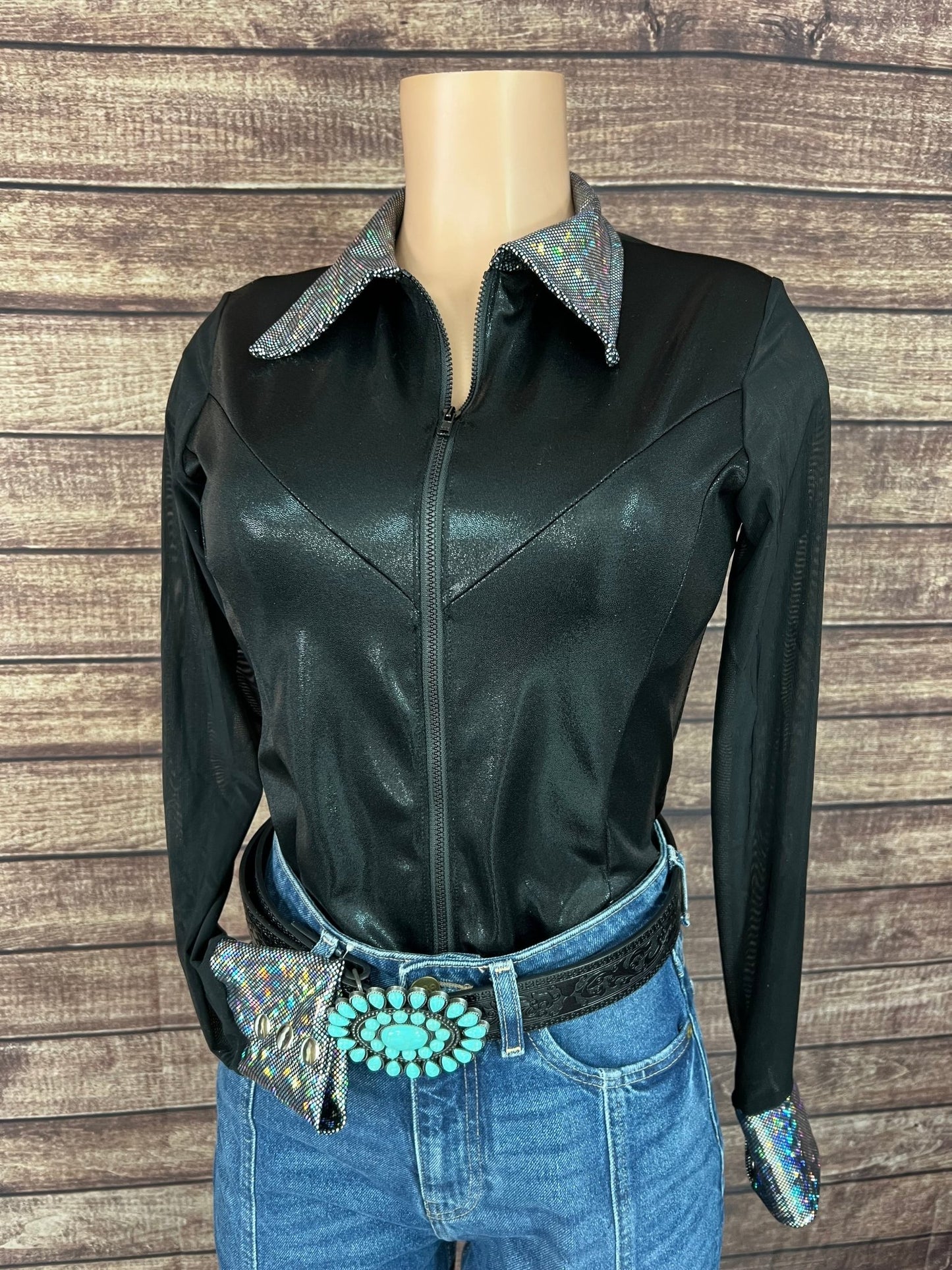 Black Mystique Mesh Sleeve Zipper Front Rodeo Shirt - Riverside Rodeo Shirts