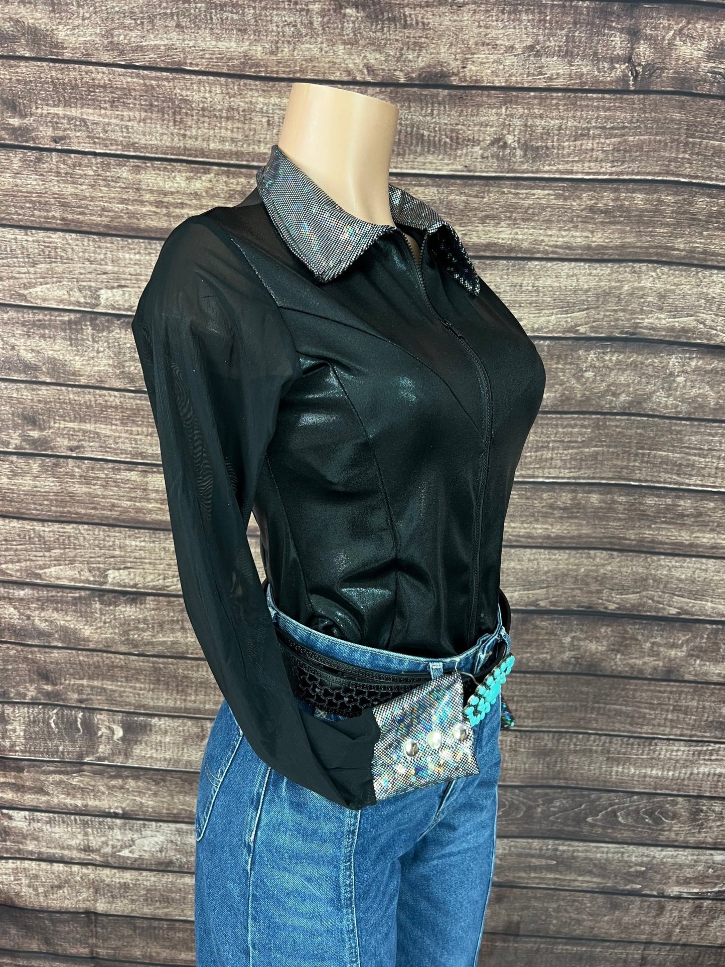 Black Mystique Mesh Sleeve Zipper Front Rodeo Shirt - Riverside Rodeo Shirts