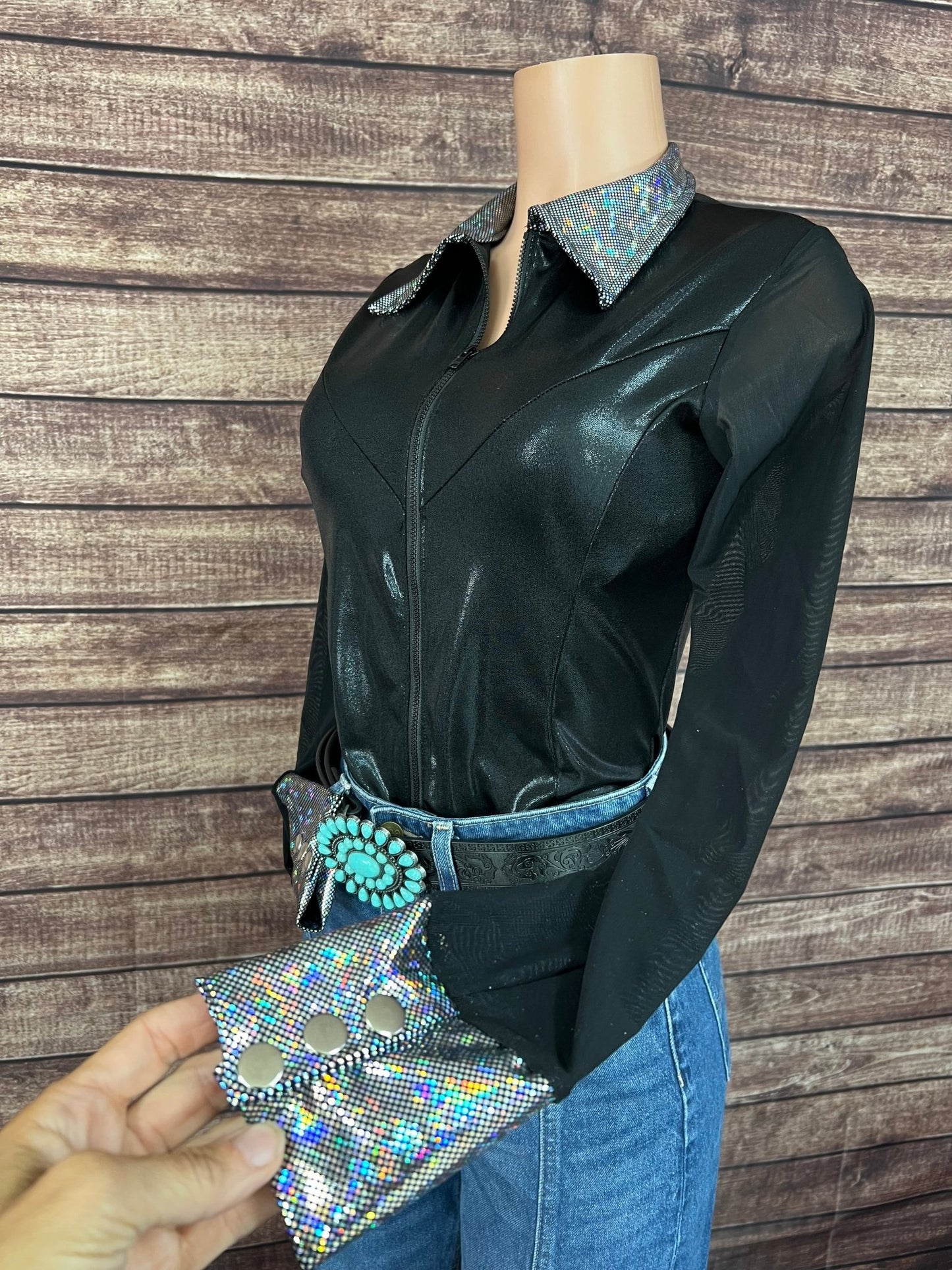 Black Mystique Mesh Sleeve Zipper Front Rodeo Shirt - Riverside Rodeo Shirts
