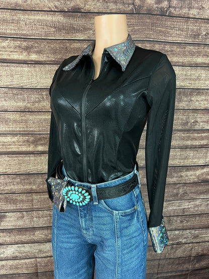 Black Mystique Mesh Sleeve Zipper Front Rodeo Shirt - Riverside Rodeo Shirts