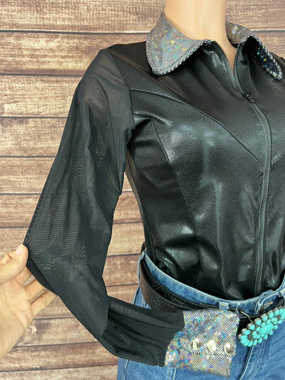 Black Mystique Mesh Sleeve Zipper Front Rodeo Shirt - Riverside Rodeo Shirts