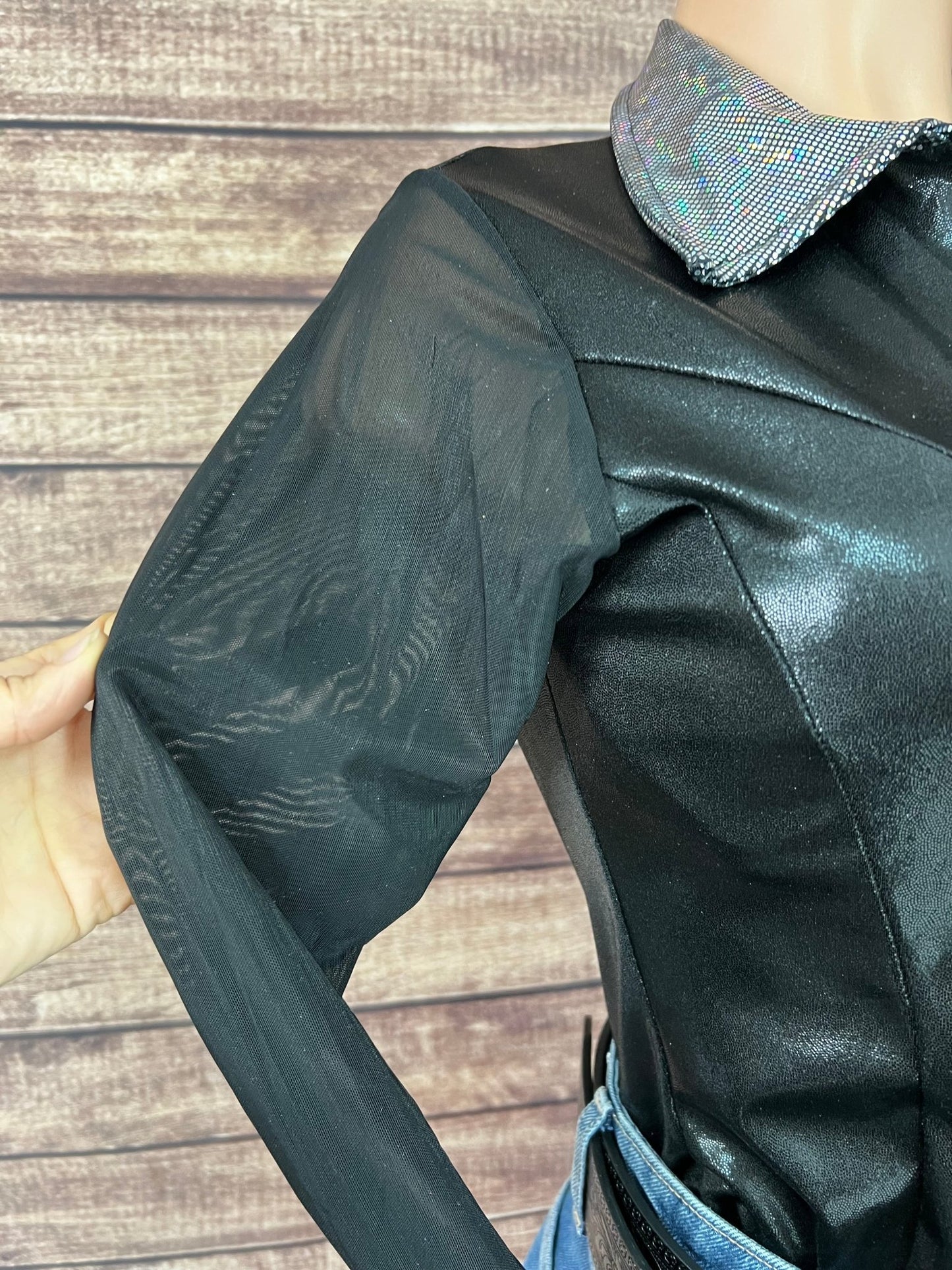 Black Mystique Mesh Sleeve Zipper Front Rodeo Shirt - Riverside Rodeo Shirts
