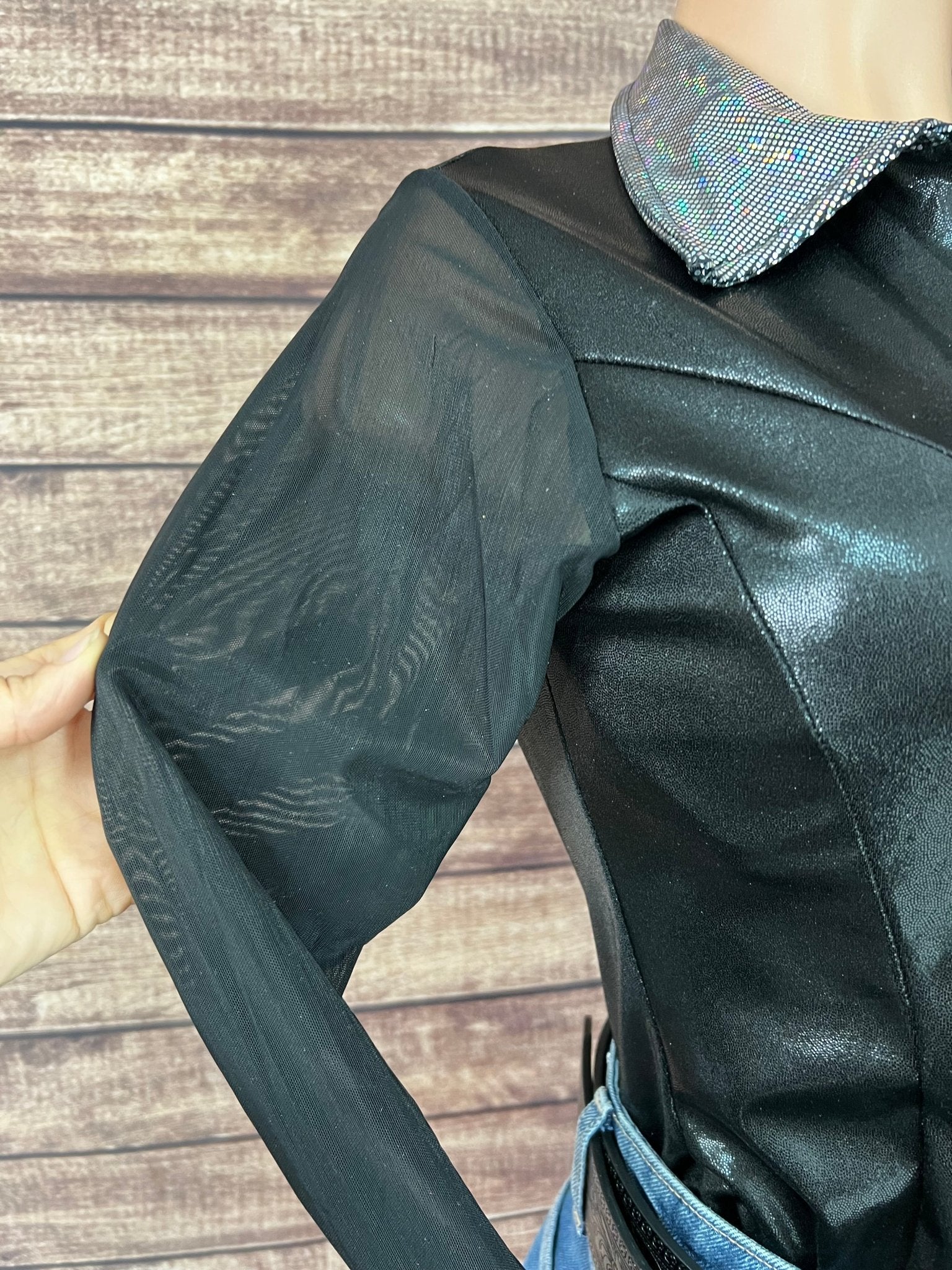 Black Mystique Mesh Sleeve Zipper Front Rodeo Shirt - Riverside Rodeo Shirts