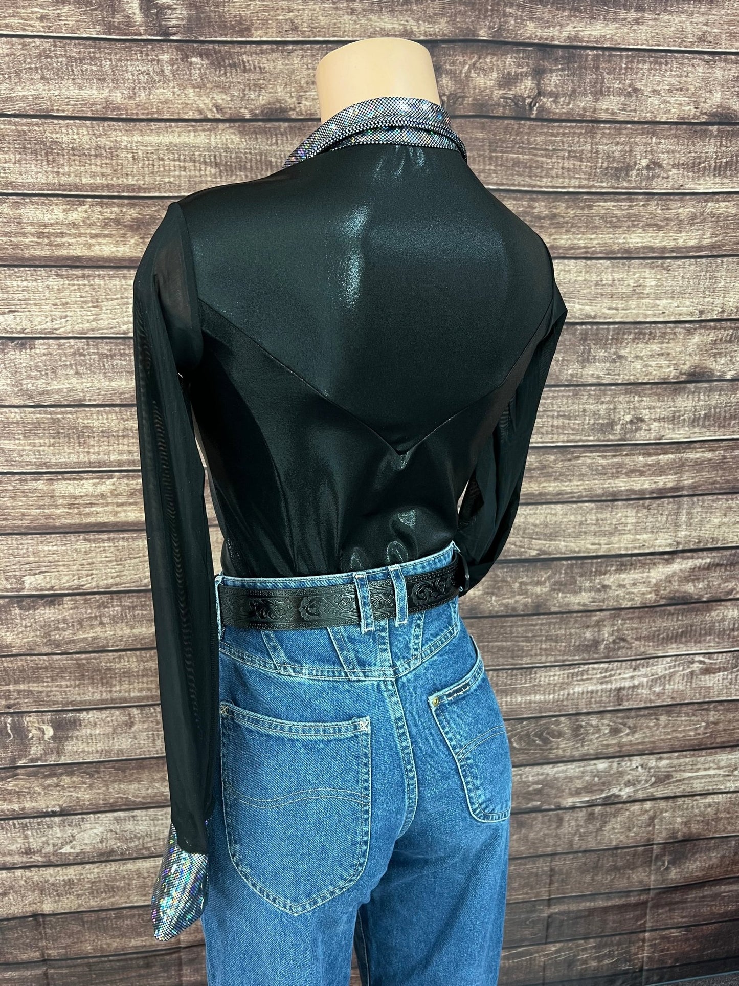 Black Mystique Mesh Sleeve Zipper Front Rodeo Shirt - Riverside Rodeo Shirts