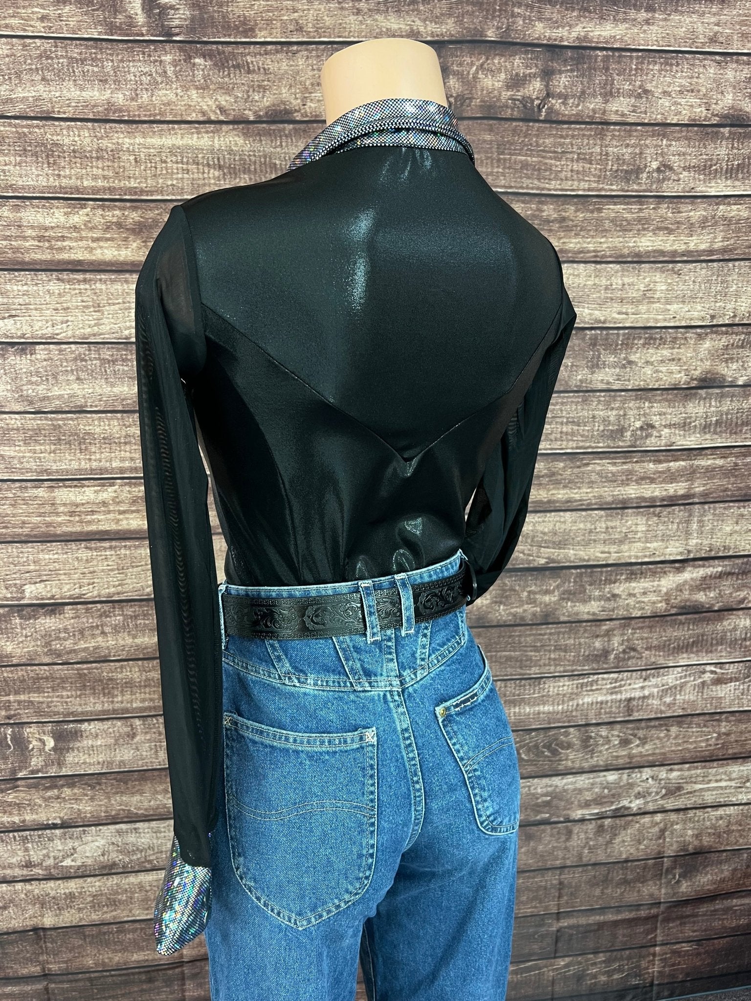 Black Mystique Mesh Sleeve Zipper Front Rodeo Shirt - Riverside Rodeo Shirts